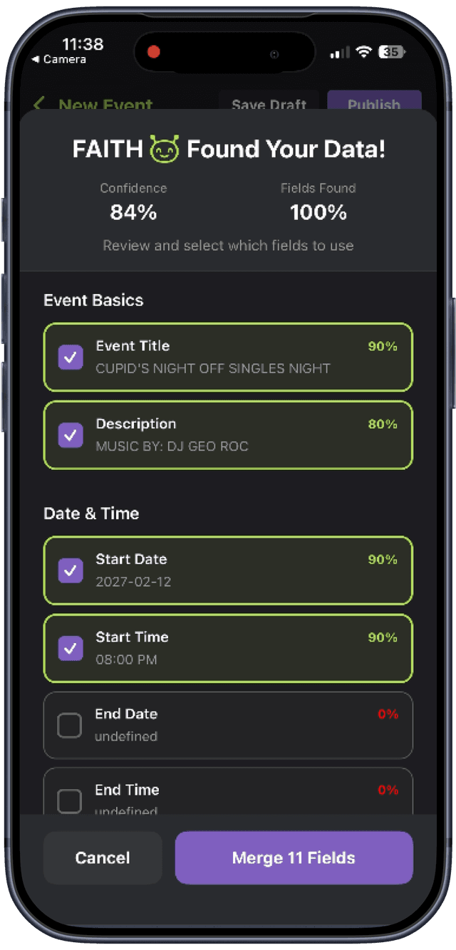 FAITH AI auto-filled event details with green checkmarks